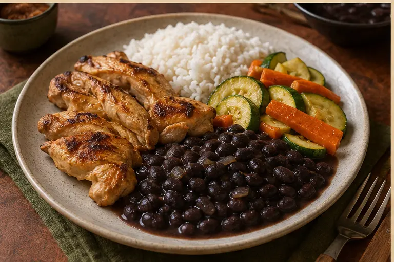 Prato brasileiro apetitoso com arroz, feijão, frango e legumes
